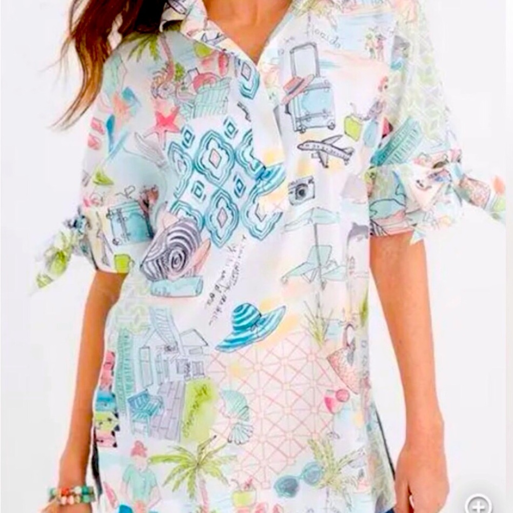 Chico’s Size 2 NO-IRON Bow-And-Grommet Tunic Traveling Vacation Print Summer.